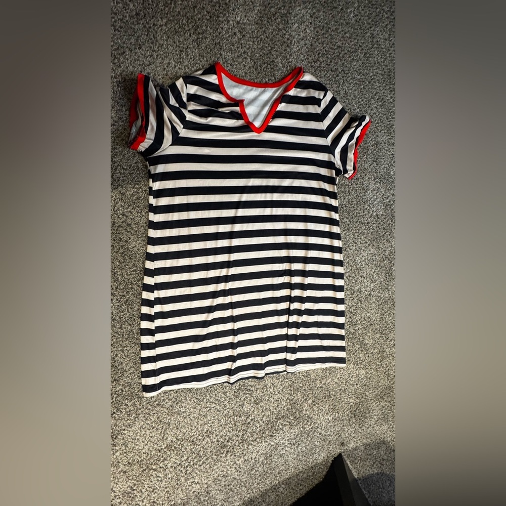 Striped Black and White T-Shirt Dress with Red Accents